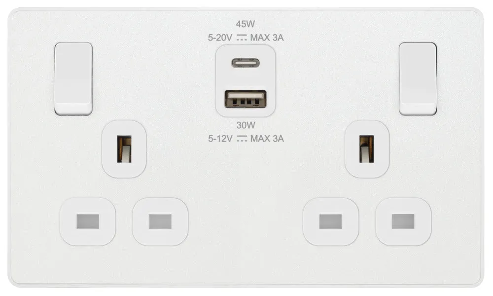 BG Evolve PCDCL22UAC45W 13A Double Switched Power Socket   USB A C (45W) - Pearlescent White (White)