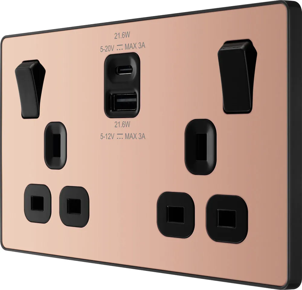 BG Evolve PCDCP22UAC22B 13A Double Switched Power Socket   USB A C (22W) - Polished Copper (Black)