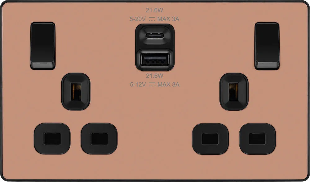 BG Evolve PCDCP22UAC22B 13A Double Switched Power Socket   USB A C (22W) - Polished Copper (Black)