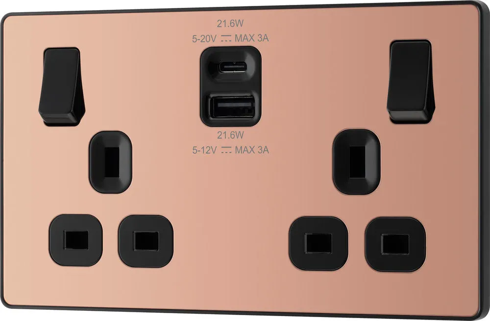 BG Evolve PCDCP22UAC22B 13A Double Switched Power Socket   USB A C (22W) - Polished Copper (Black)