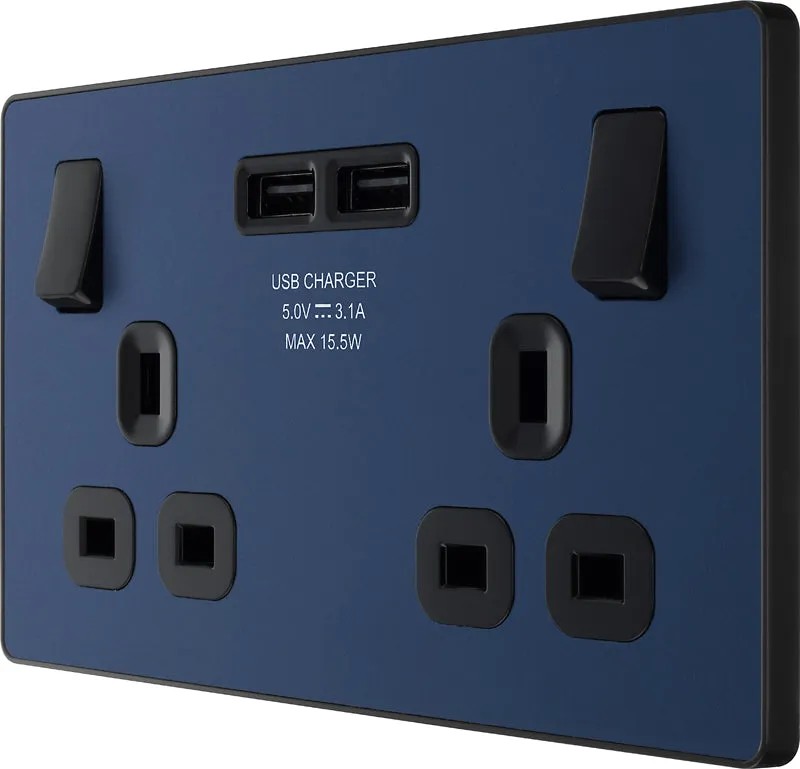 BG Evolve PCDDB22U3Bx5 13A Double Switched Power Socket   2xUSB(3.1A) - Matt Blue (Black) (5 Pack)