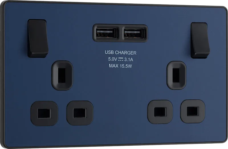 BG Evolve PCDDB22U3Bx5 13A Double Switched Power Socket   2xUSB(3.1A) - Matt Blue (Black) (5 Pack)