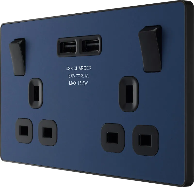 BG Evolve PCDDB22U3Bx5 13A Double Switched Power Socket   2xUSB(3.1A) - Matt Blue (Black) (5 Pack)
