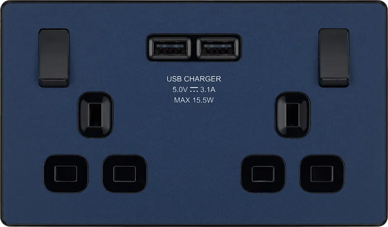 BG Evolve PCDDB22U3Bx5 13A Double Switched Power Socket   2xUSB(3.1A) - Matt Blue (Black) (5 Pack)
