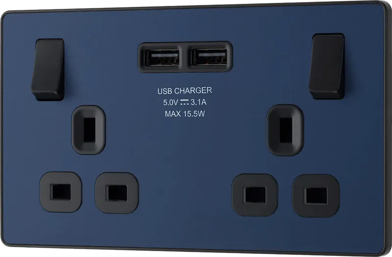 BG Evolve PCDDB22U3Bx5 13A Double Switched Power Socket   2xUSB(3.1A) - Matt Blue (Black) (5 Pack)