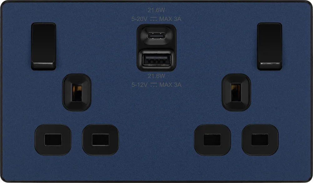 BG Evolve PCDDB22UAC22B 13A Double Switched Power Socket   USB A C (22W) - Matt Blue (Black)