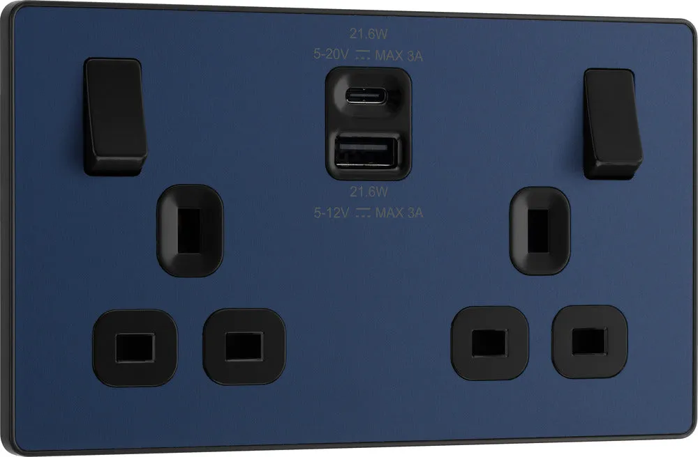 BG Evolve PCDDB22UAC22B 13A Double Switched Power Socket   USB A C (22W) - Matt Blue (Black)