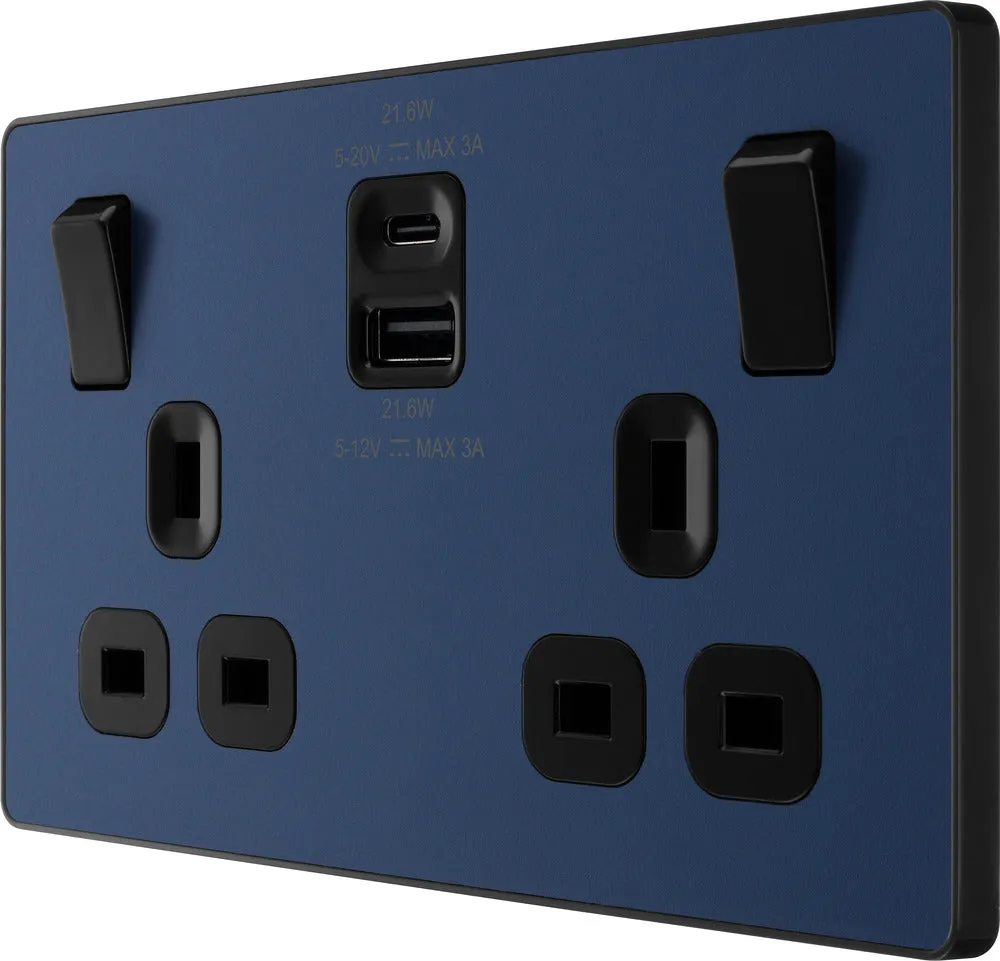BG Evolve PCDDB22UAC22B 13A Double Switched Power Socket   USB A C (22W) - Matt Blue (Black)