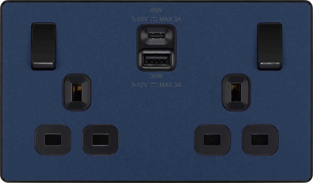 BG Evolve PCDDB22UAC45B 13A Double Switched Power Socket   USB A C (45W) - Matt Blue (Black)