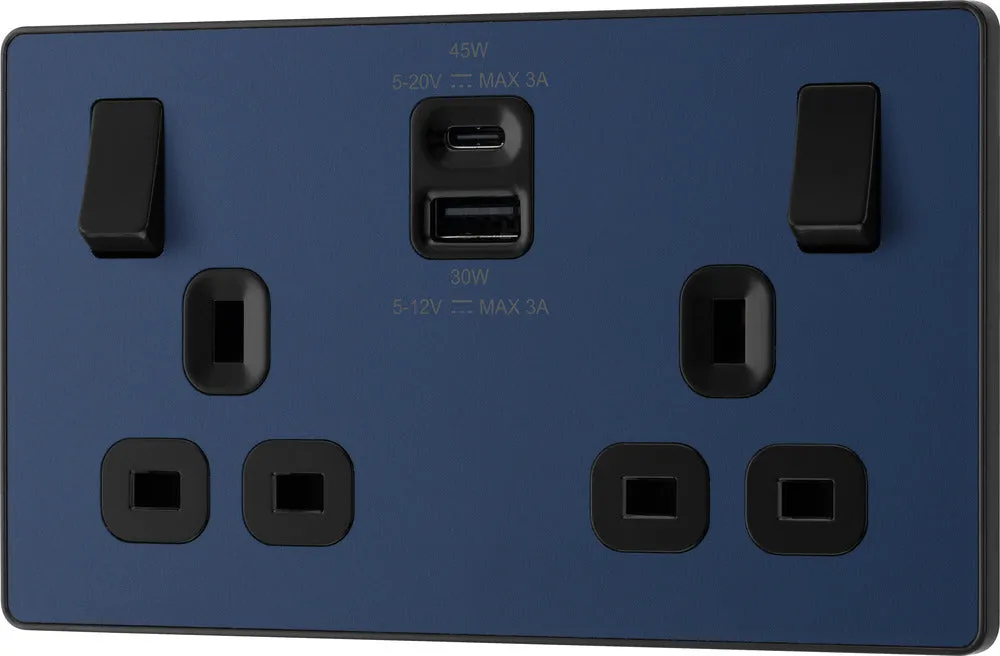 BG Evolve PCDDB22UAC45B 13A Double Switched Power Socket   USB A C (45W) - Matt Blue (Black)