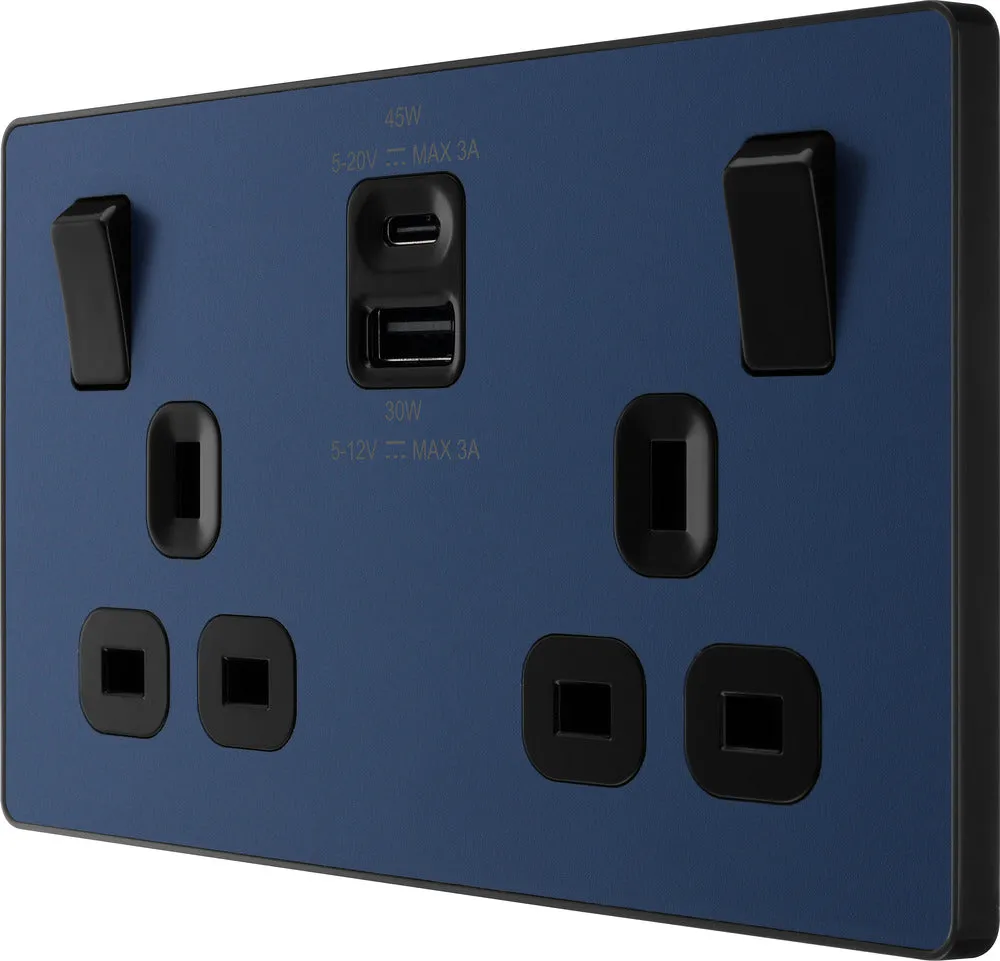 BG Evolve PCDDB22UAC45B 13A Double Switched Power Socket   USB A C (45W) - Matt Blue (Black)