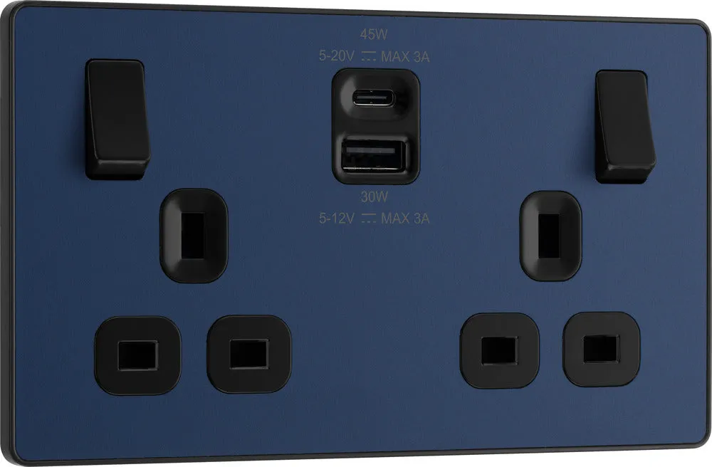 BG Evolve PCDDB22UAC45B 13A Double Switched Power Socket   USB A C (45W) - Matt Blue (Black)