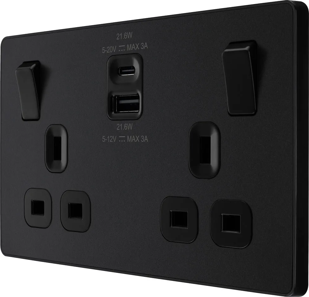 BG Evolve PCDMB22UAC22B 13A Double Switched Power Socket   USB A C (22W) - Matt Black (Black)