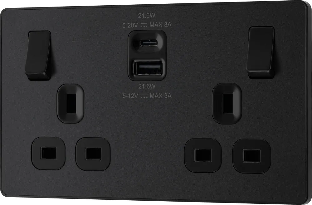BG Evolve PCDMB22UAC22B 13A Double Switched Power Socket   USB A C (22W) - Matt Black (Black)
