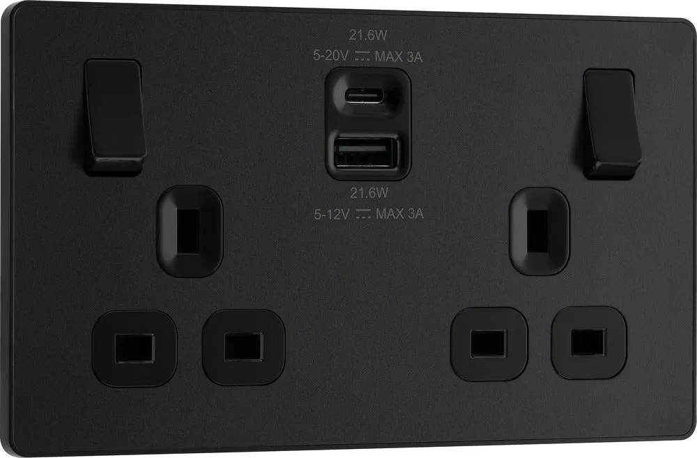 BG Evolve PCDMB22UAC22B 13A Double Switched Power Socket   USB A C (22W) - Matt Black (Black)