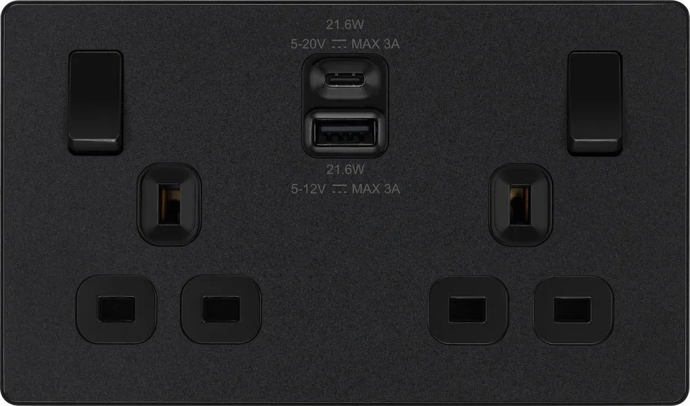 BG Evolve PCDMB22UAC22B 13A Double Switched Power Socket   USB A C (22W) - Matt Black (Black)