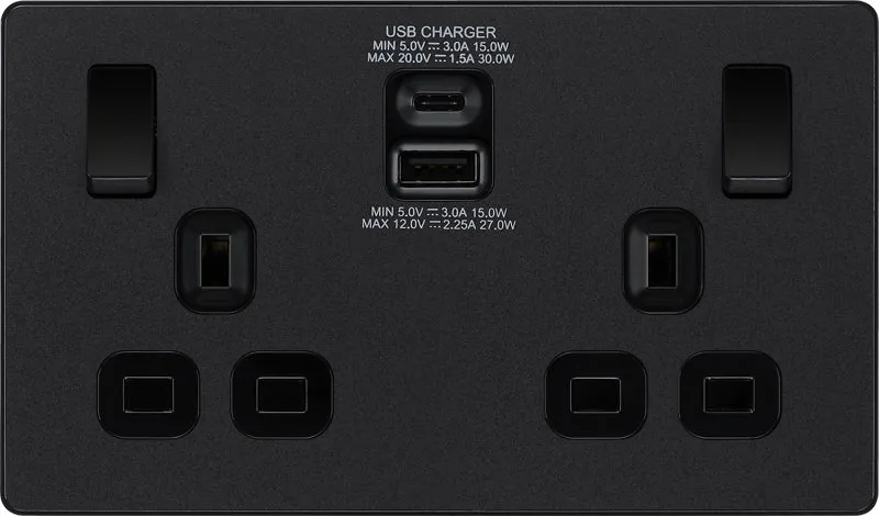 BG Evolve PCDMB22UAC30B 13A Double Switched Power Socket   USB C 30W   USB A(3.1A) - Matt Black (Black)