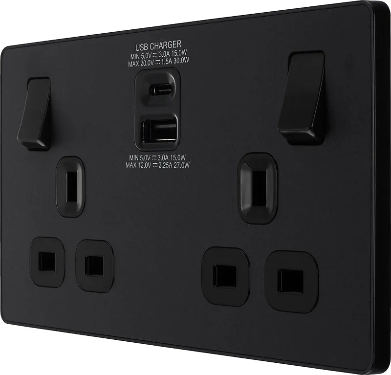 BG Evolve PCDMB22UAC30B 13A Double Switched Power Socket   USB C 30W   USB A(3.1A) - Matt Black (Black)