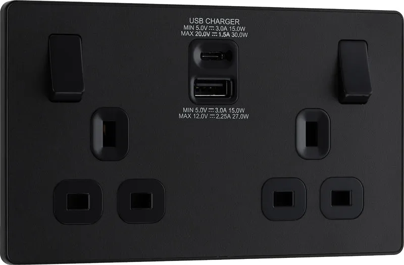 BG Evolve PCDMB22UAC30B 13A Double Switched Power Socket   USB C 30W   USB A(3.1A) - Matt Black (Black)