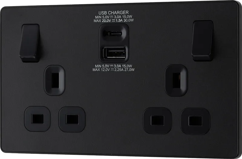 BG Evolve PCDMB22UAC30B 13A Double Switched Power Socket   USB C 30W   USB A(3.1A) - Matt Black (Black)