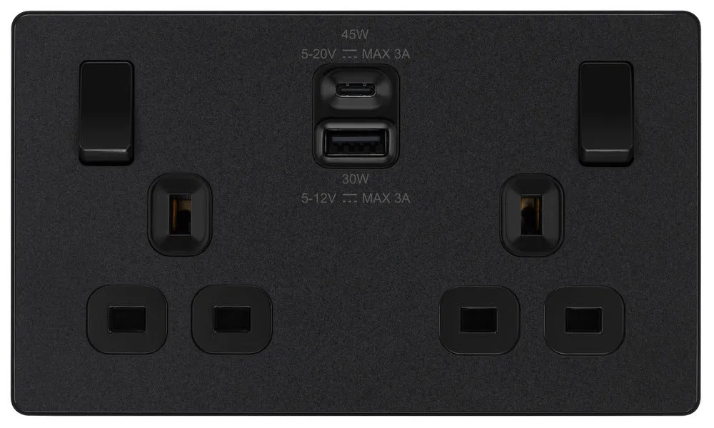 BG Evolve PCDMB22UAC45B 13A Double Switched Power Socket   USB A C (45W) - Matt Black (Black)
