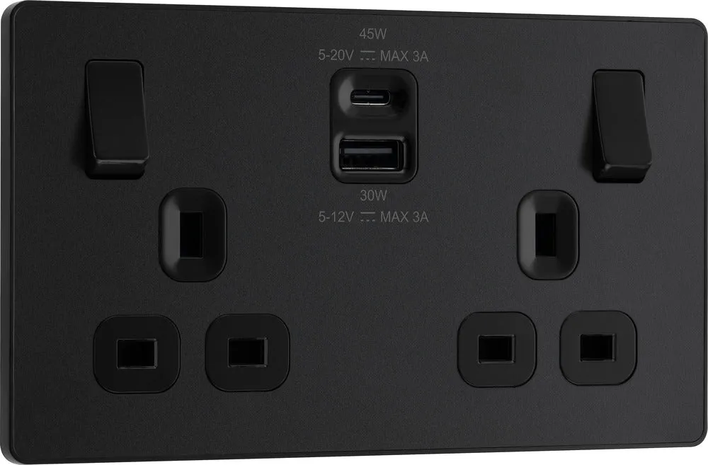 BG Evolve PCDMB22UAC45B 13A Double Switched Power Socket   USB A C (45W) - Matt Black (Black)