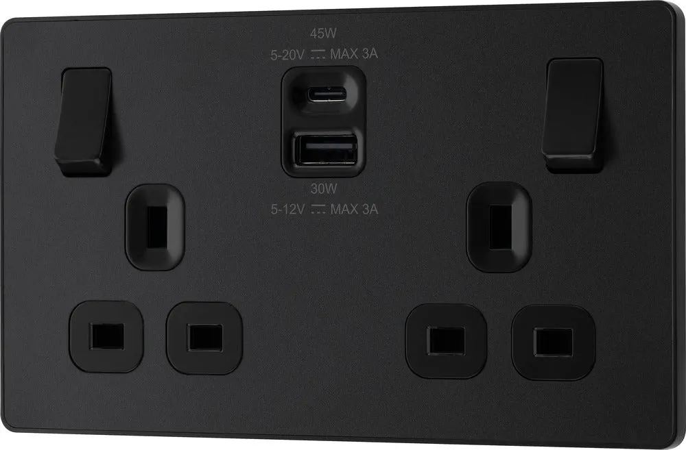 BG Evolve PCDMB22UAC45B 13A Double Switched Power Socket   USB A C (45W) - Matt Black (Black)