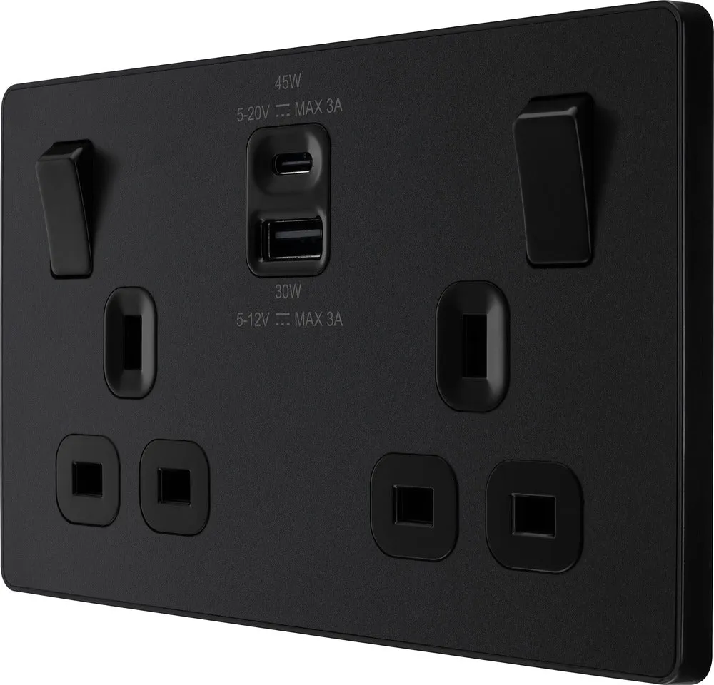 BG Evolve PCDMB22UAC45B 13A Double Switched Power Socket   USB A C (45W) - Matt Black (Black)