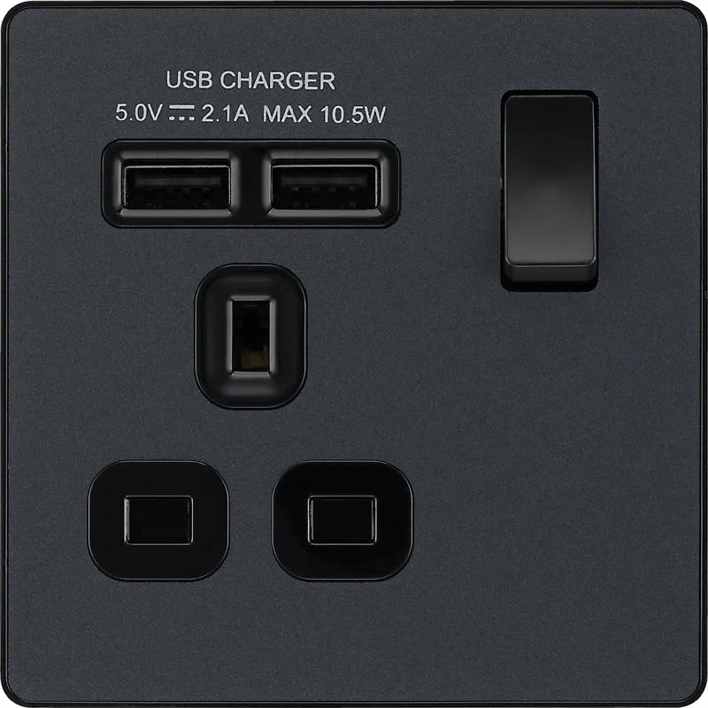 BG Evolve PCDMG21U2B 13A Single Switched Power Socket   2xUSB(2.1A) - Matt Grey (Black)