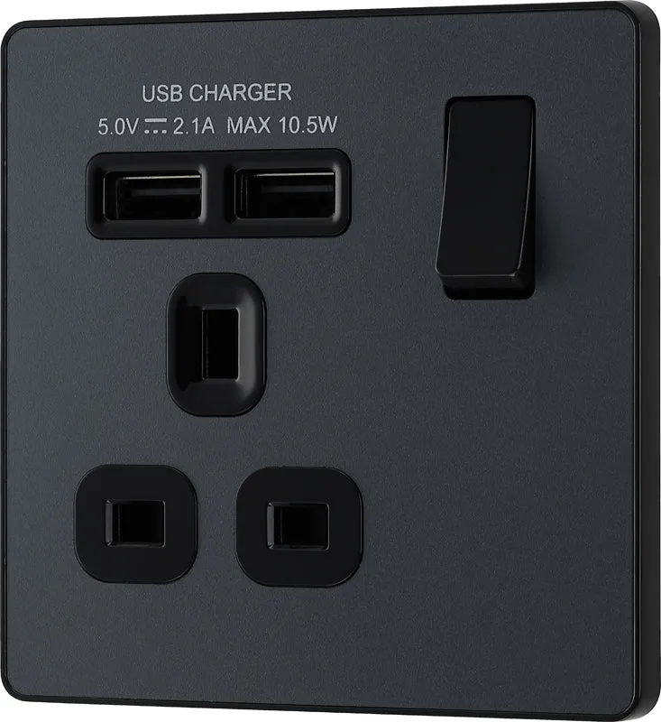 BG Evolve PCDMG21U2B 13A Single Switched Power Socket   2xUSB(2.1A) - Matt Grey (Black)