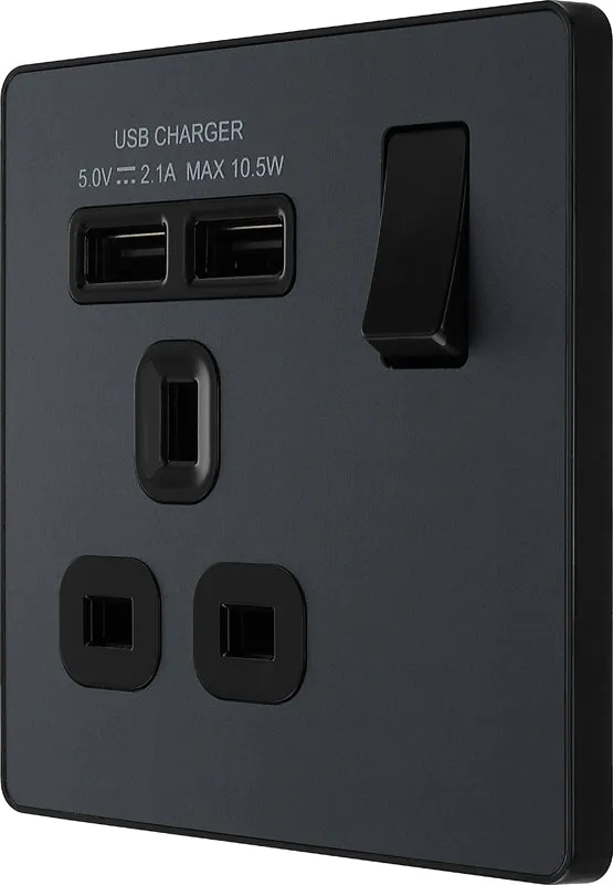 BG Evolve PCDMG21U2B 13A Single Switched Power Socket   2xUSB(2.1A) - Matt Grey (Black)