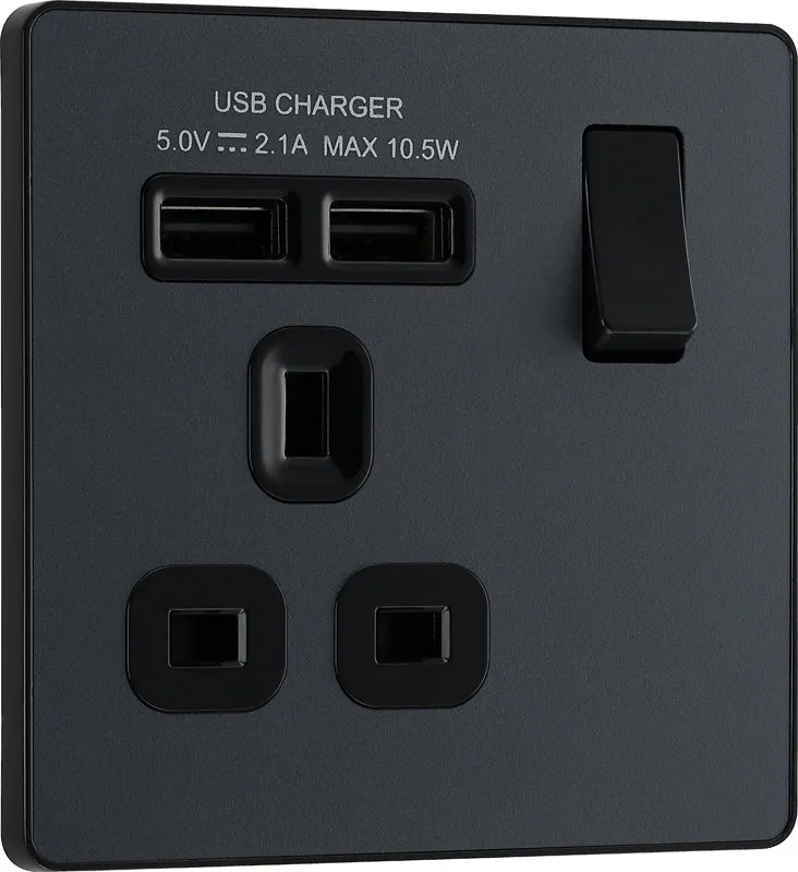 BG Evolve PCDMG21U2B 13A Single Switched Power Socket   2xUSB(2.1A) - Matt Grey (Black)
