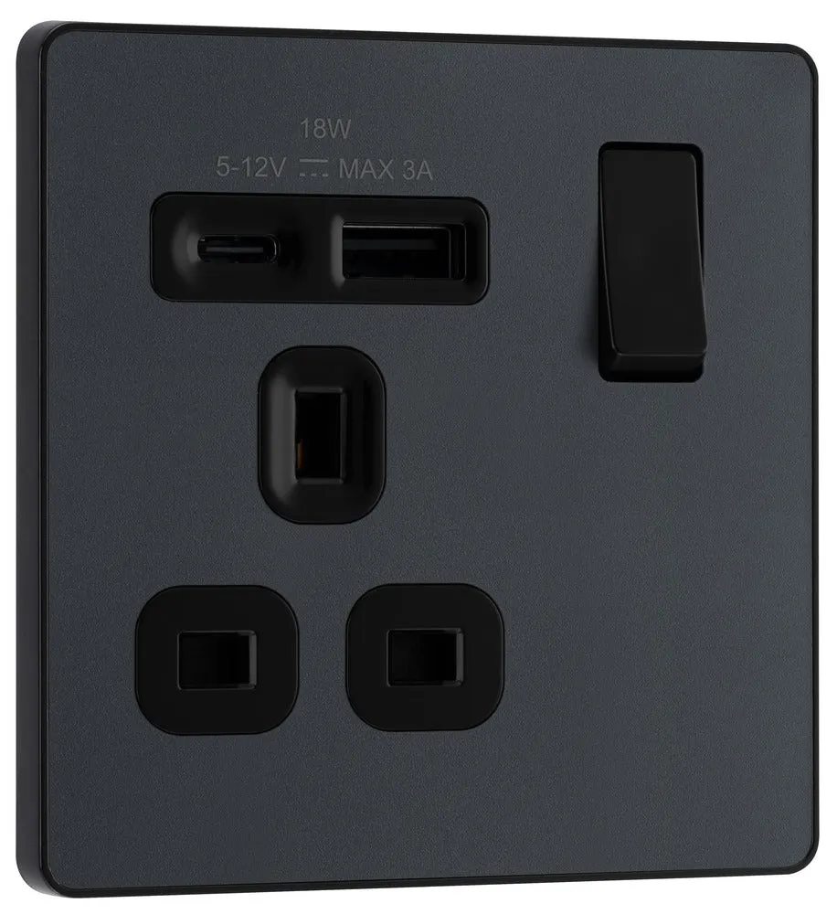 BG Evolve PCDMG21UAC18B 13A Single Switched Power Socket   USB A C (18W) - Matt Grey (Black)