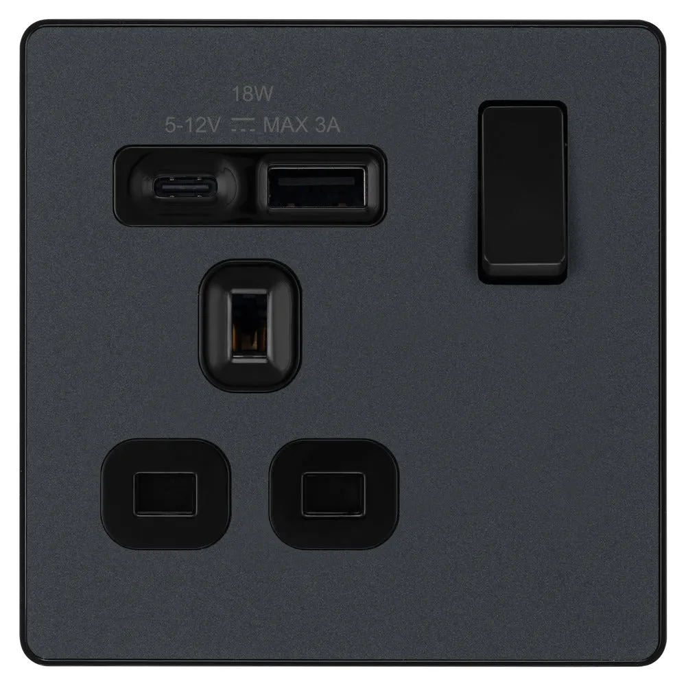 BG Evolve PCDMG21UAC18B 13A Single Switched Power Socket   USB A C (18W) - Matt Grey (Black)