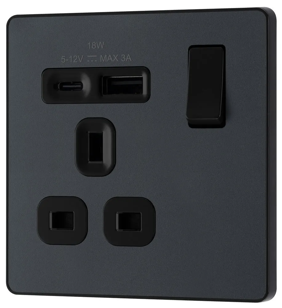 BG Evolve PCDMG21UAC18B 13A Single Switched Power Socket   USB A C (18W) - Matt Grey (Black)