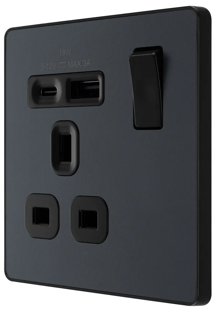 BG Evolve PCDMG21UAC18B 13A Single Switched Power Socket   USB A C (18W) - Matt Grey (Black)