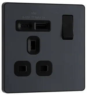 BG Evolve PCDMG21UAC18B 13A Single Switched Power Socket   USB A C (18W) - Matt Grey (Black)