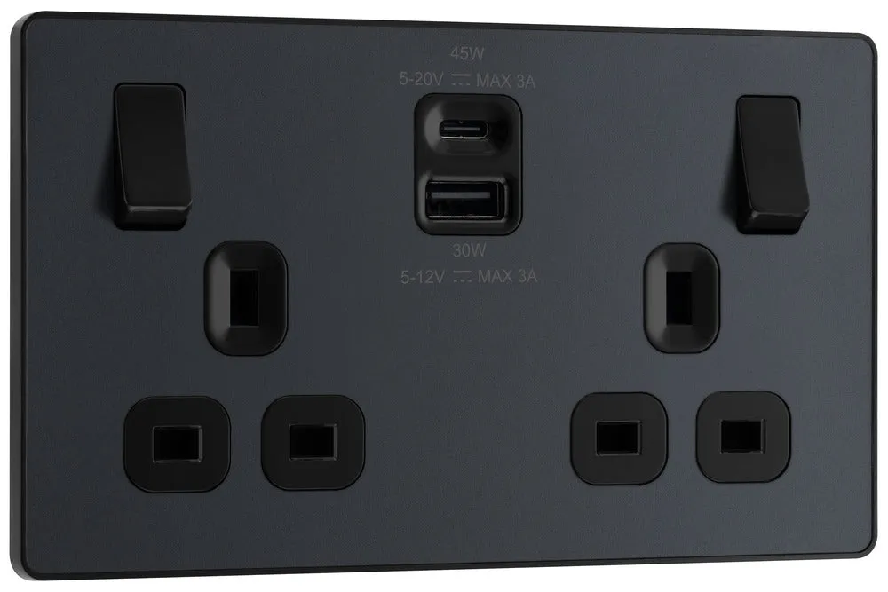 BG Evolve PCDMG22UAC45B 13A Double Switched Power Socket   USB A C (45W) - Matt Grey (Black)