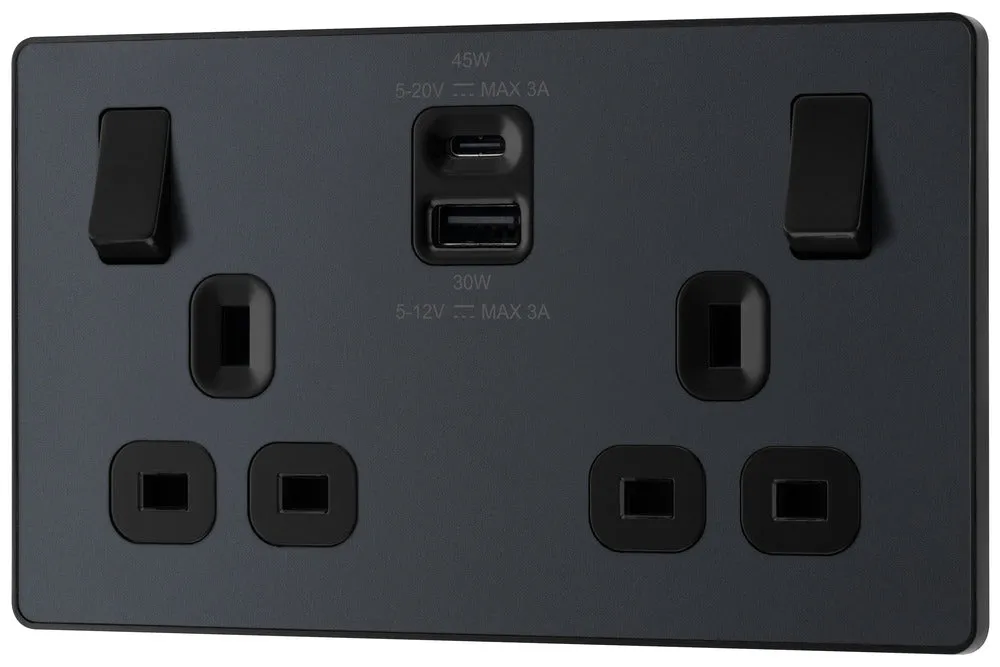 BG Evolve PCDMG22UAC45B 13A Double Switched Power Socket   USB A C (45W) - Matt Grey (Black)