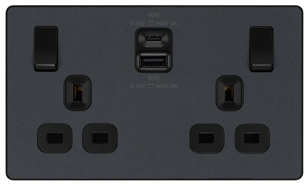 BG Evolve PCDMG22UAC45B 13A Double Switched Power Socket   USB A C (45W) - Matt Grey (Black)
