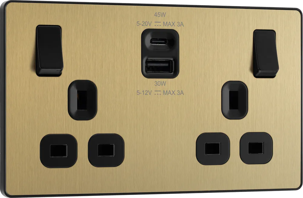 BG Evolve PCDSB22UAC45B 13A Double Switched Power Socket   USB A C (45W) - Satin Brass (Black)