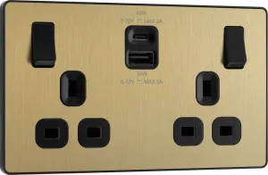 BG Evolve PCDSB22UAC45B 13A Double Switched Power Socket   USB A C (45W) - Satin Brass (Black)