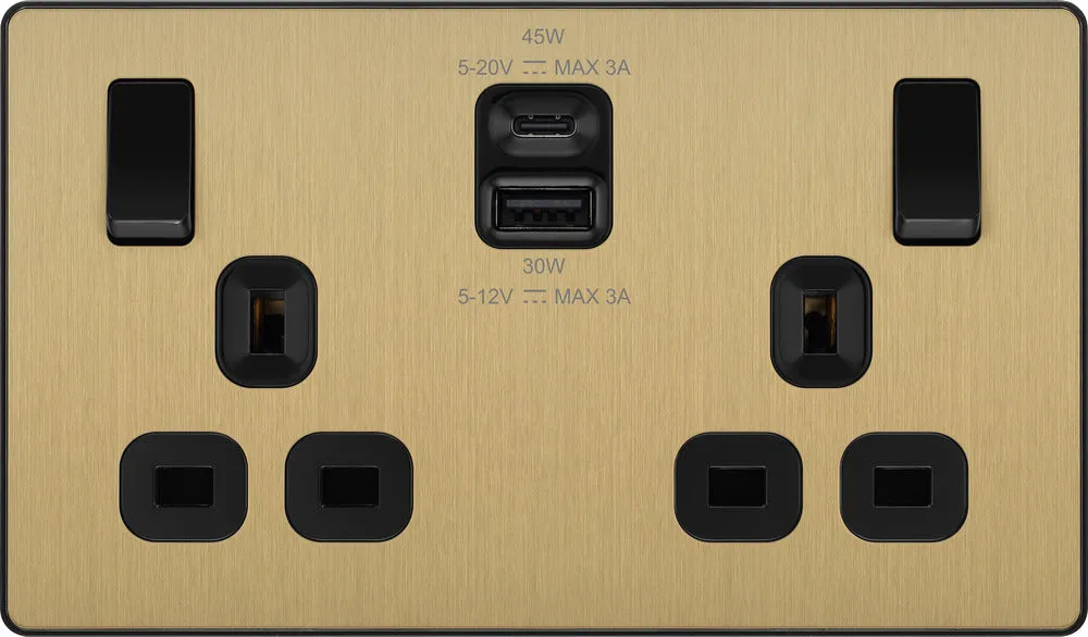 BG Evolve PCDSB22UAC45B 13A Double Switched Power Socket   USB A C (45W) - Satin Brass (Black)