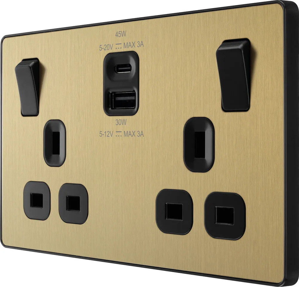BG Evolve PCDSB22UAC45B 13A Double Switched Power Socket   USB A C (45W) - Satin Brass (Black)