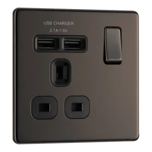 BG FBN21U2B Flatplate Screwless Single Socket   2x USB - Black Insert - Black Nickel