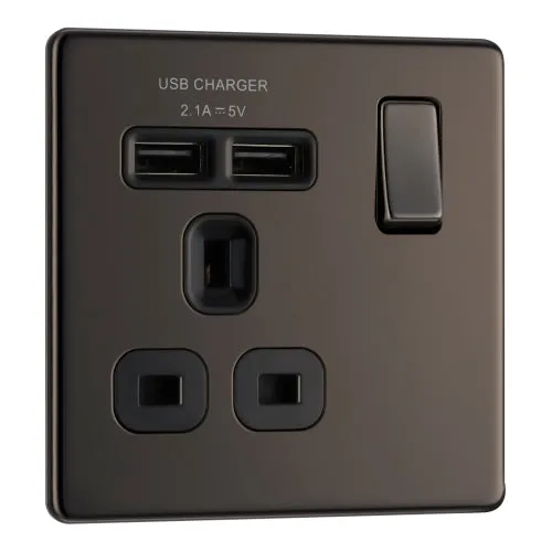 BG FBN21U2B Flatplate Screwless Single Socket   2x USB - Black Insert - Black Nickel