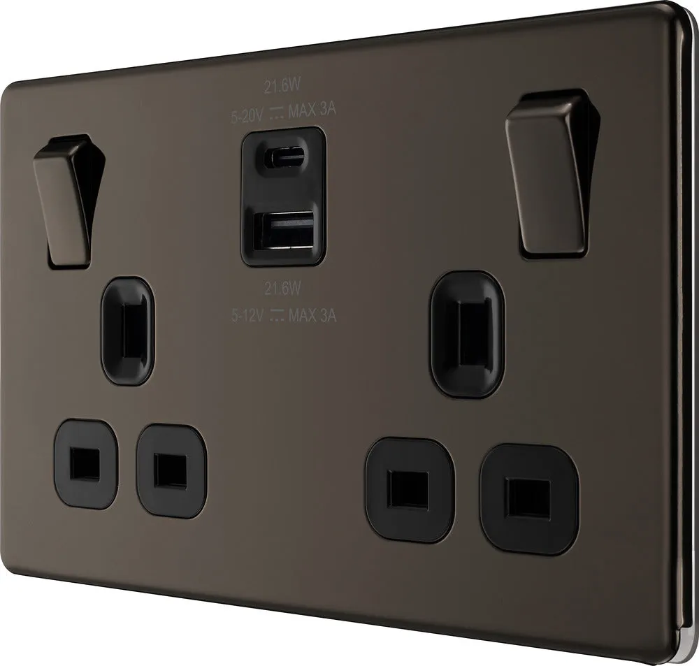 BG FBN22UAC22B Flatplate Screwless 13A Double Switched Power Socket   USB A C (22W) - Black Nickel   Black Insert