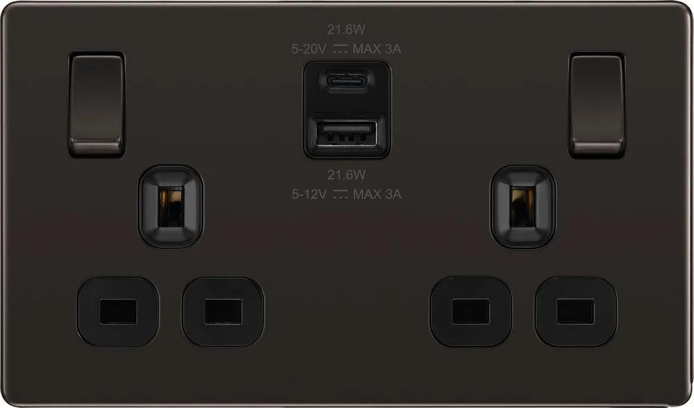 BG FBN22UAC22B Flatplate Screwless 13A Double Switched Power Socket   USB A C (22W) - Black Nickel   Black Insert