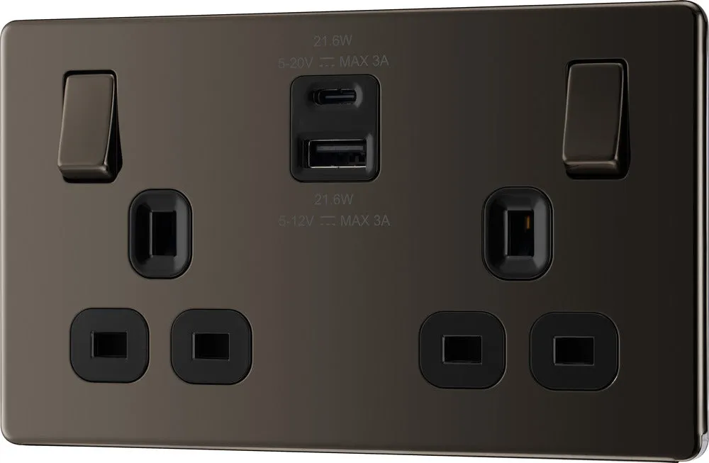 BG FBN22UAC22B Flatplate Screwless 13A Double Switched Power Socket   USB A C (22W) - Black Nickel   Black Insert