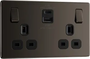 BG FBN22UAC22B Flatplate Screwless 13A Double Switched Power Socket   USB A C (22W) - Black Nickel   Black Insert